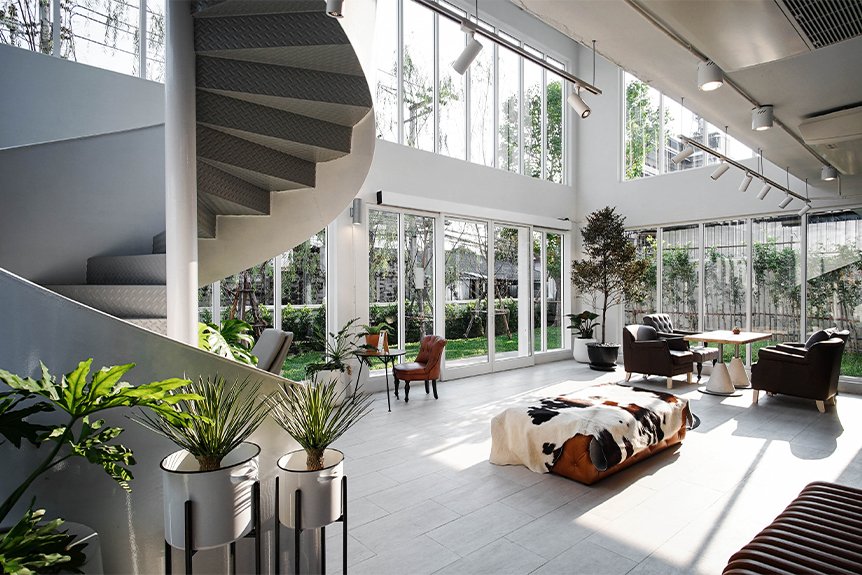 Space K Bangkok showroom — natural light, custom upholstery, spiral staircase